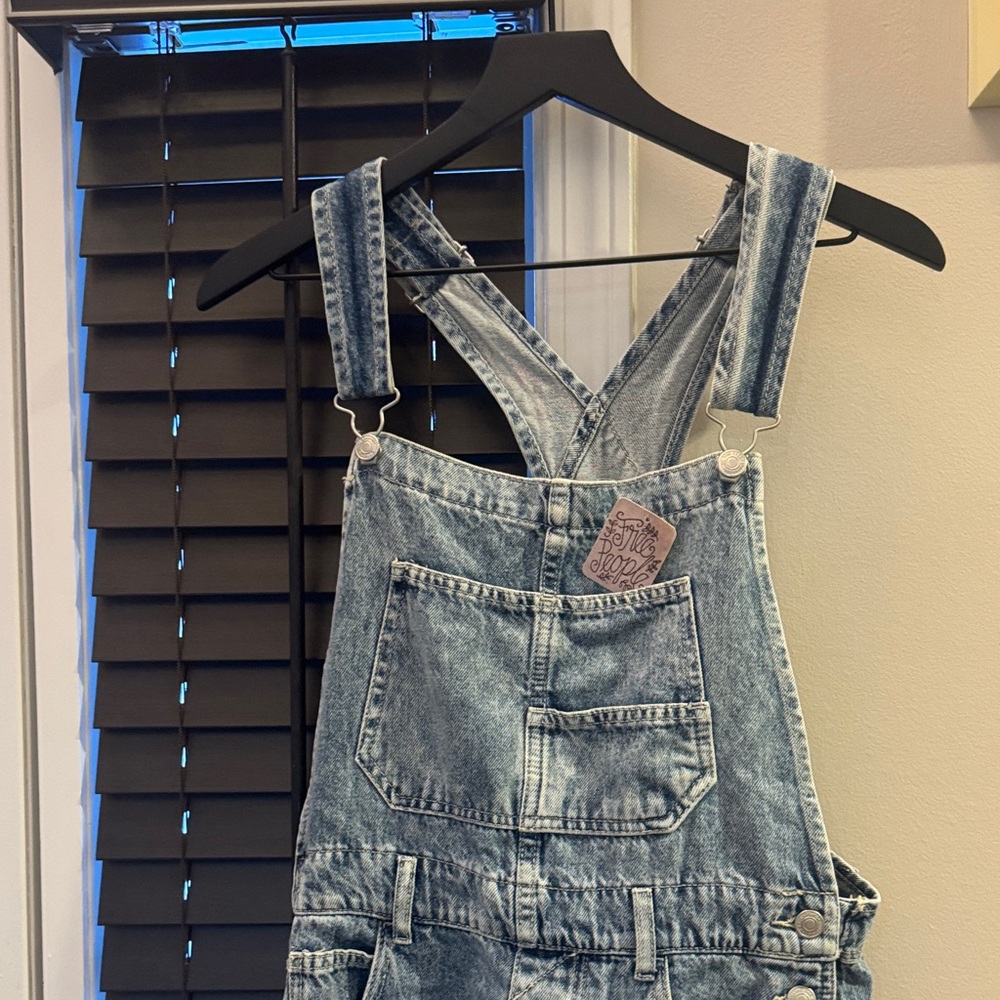Free People Acid Wash Denim Overalls - Light Blue